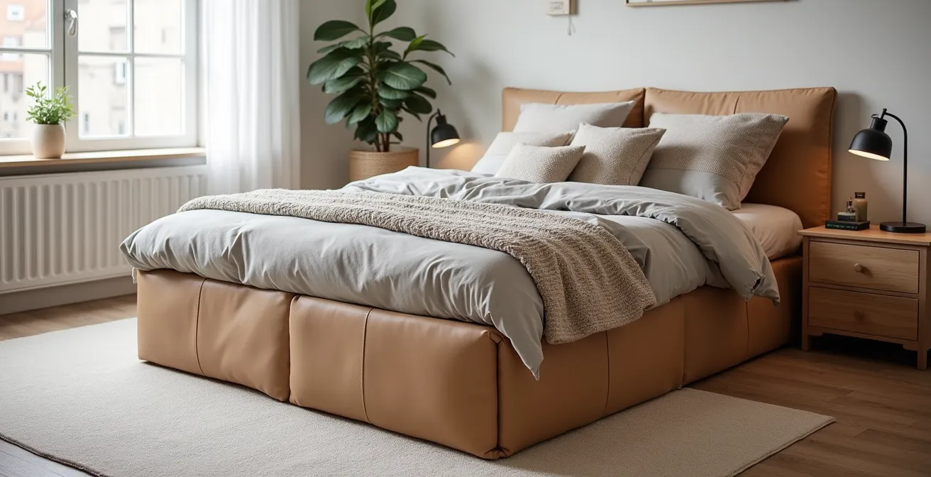 Lit coffre design avec finitions cuir et bois clair dans une chambre scandinave minimaliste