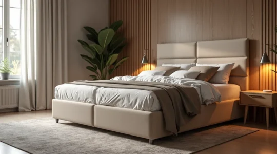 Photographie réaliste d'un lit coffre moderne et épuré dans une chambre élégante avec éclairage cinématographique naturel et bokeh subtil