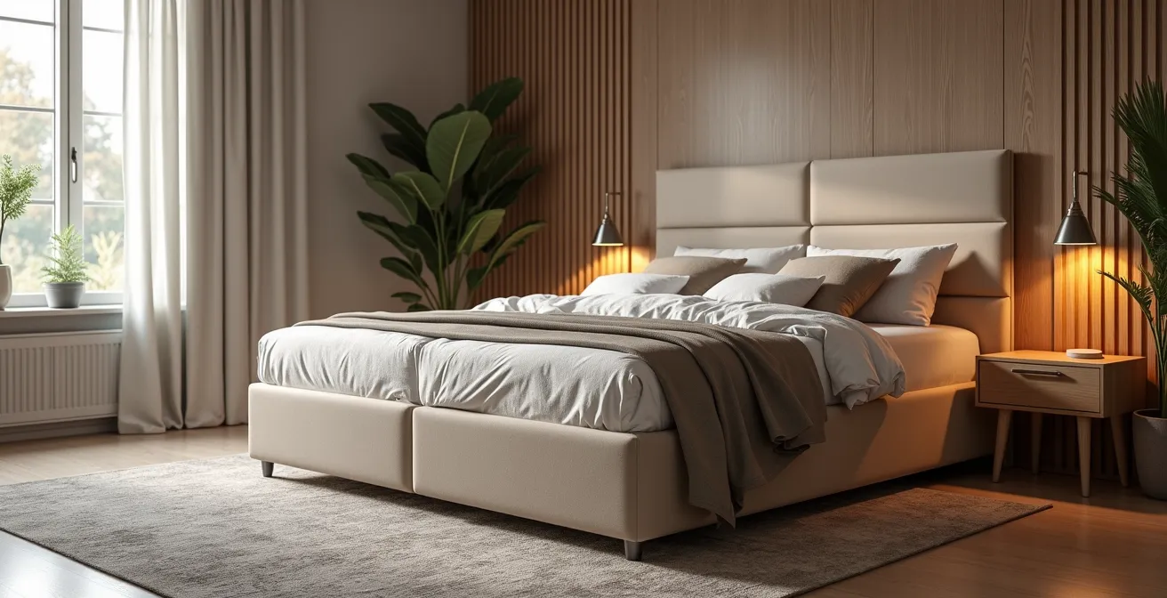 Photographie réaliste d'un lit coffre moderne et épuré dans une chambre élégante avec éclairage cinématographique naturel et bokeh subtil