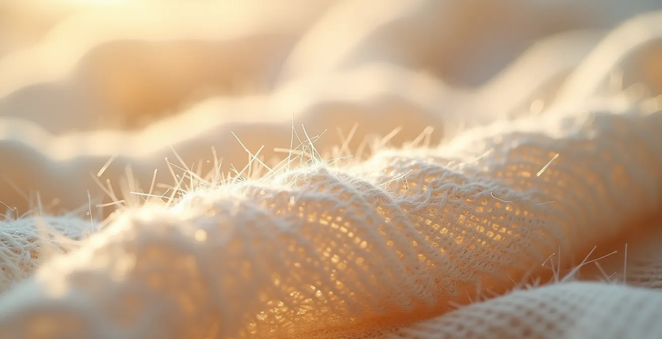 Détail macro d'une texture de tissu en lin naturel avec jeu de lumière