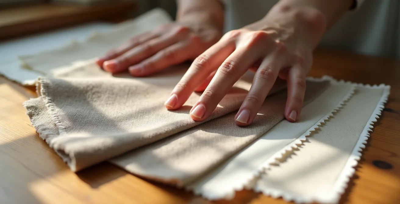 Personne touchant des échantillons de tissus naturels dans un moment de réflexion