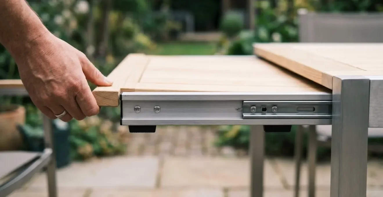 Gros plan sur le mécanisme d'extension d'une table de jardin en aluminium.