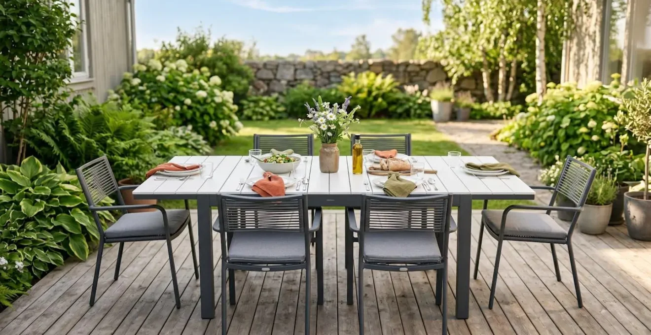 Table de jardin extensible design en aluminium et céramique, dressée dans un jardin verdoyant.