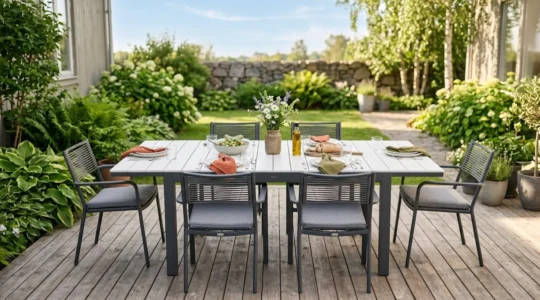 Table de jardin extensible design en aluminium et céramique, dressée dans un jardin verdoyant.