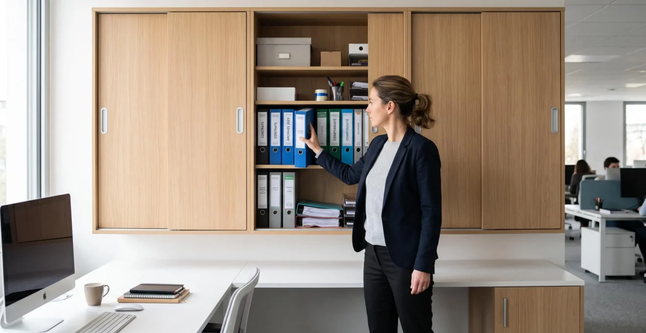 Armoires murales hautes modulables avec portes coulissantes installées dans bureau professionnel, collaboratrice accédant à un rangement intermédiaire dans geste fonctionnel naturel