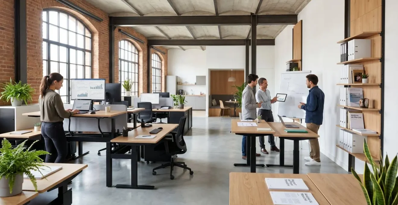 Open space professionnel compact avec bureaux modulables réglables en hauteur, rangements muraux verticaux et circulation optimisée, collaborateurs en activité naturelle dans décor contemporain français