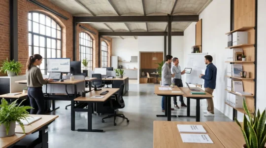Open space professionnel compact avec bureaux modulables réglables en hauteur, rangements muraux verticaux et circulation optimisée, collaborateurs en activité naturelle dans décor contemporain français